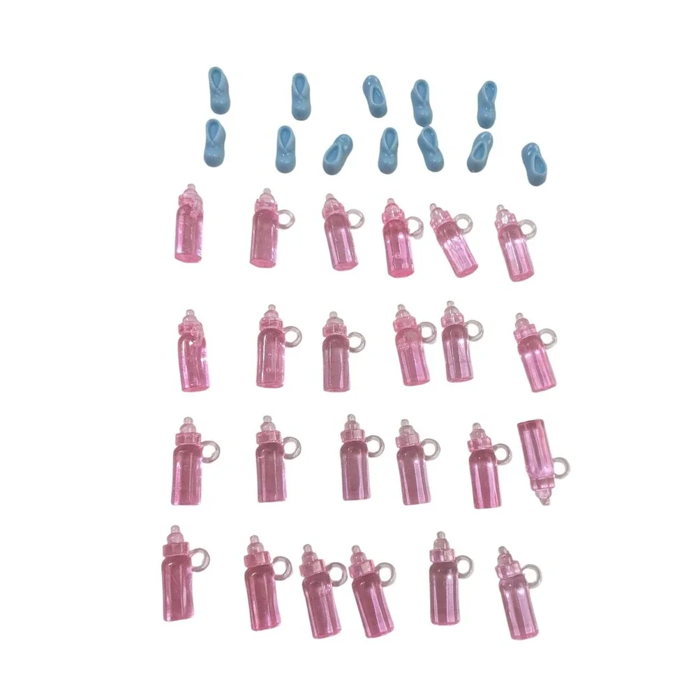36pc Miniature Baby Shower Favors Pink Plastic Bottles and Blue Booties Set